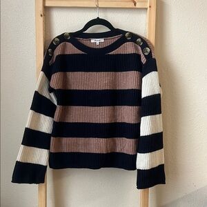 Madewell Striped Crew Neck Sweater - Black, Brown, and Cream
